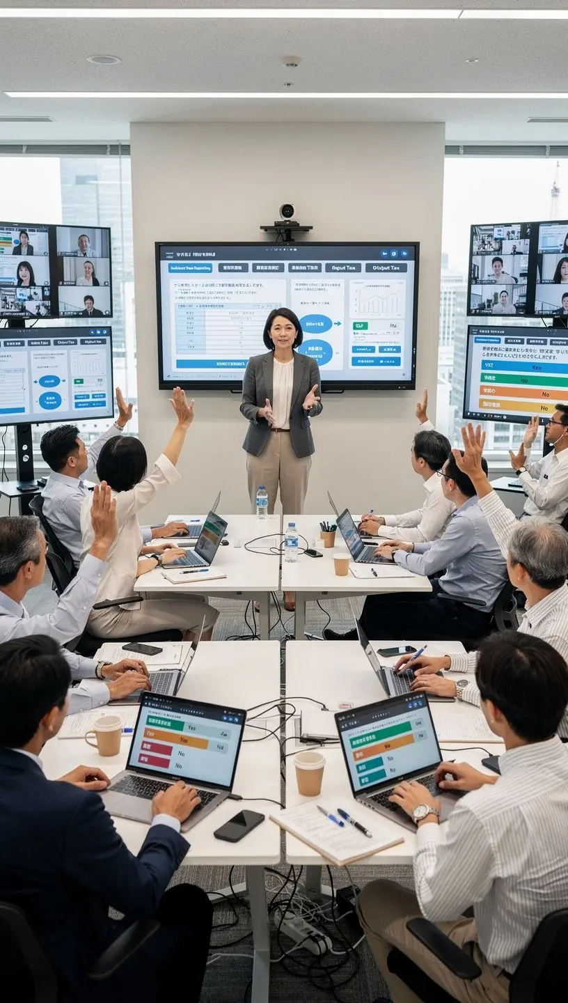 企業の税務担当者がパソコンで報告書を確認しているシーン